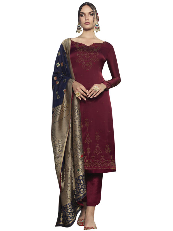 Stylee Lifestyle Maroon Satin Embroidered Dress Material