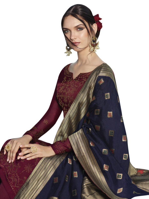 Stylee Lifestyle Maroon Satin Embroidered Dress Material