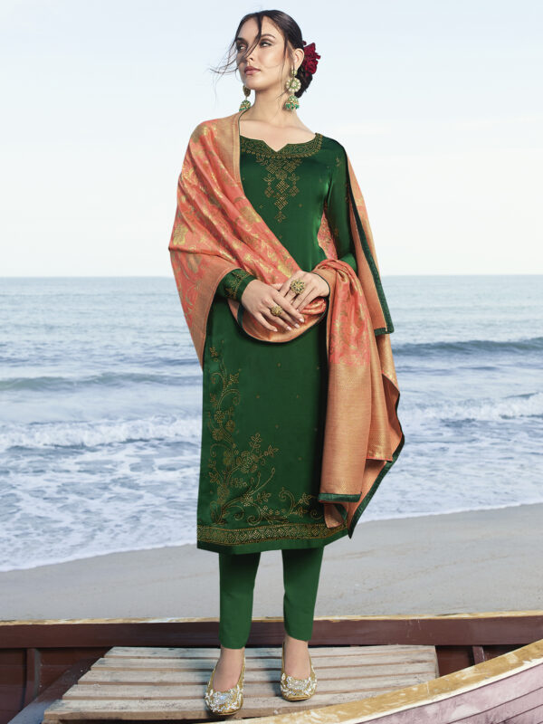 Stylee Lifestyle Green Satin Embroidered Dress Material