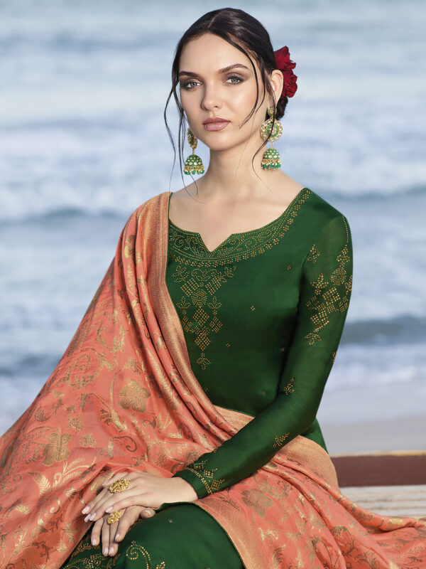 Stylee Lifestyle Green Satin Embroidered Dress Material