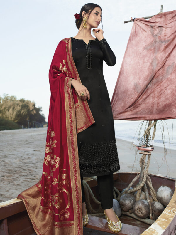 Stylee Lifestyle Black Satin Embroidered Dress Material