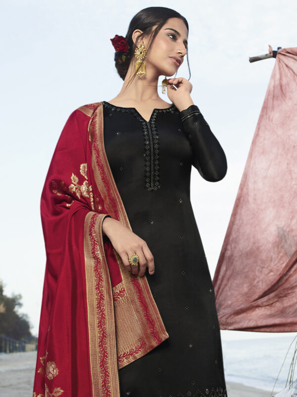 Stylee Lifestyle Black Satin Embroidered Dress Material