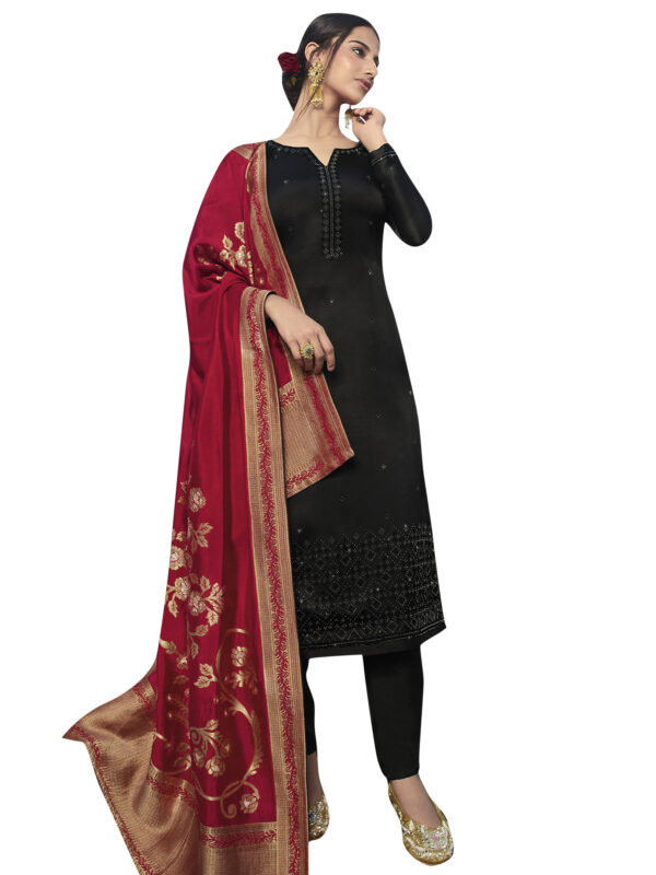 Stylee Lifestyle Black Satin Embroidered Dress Material