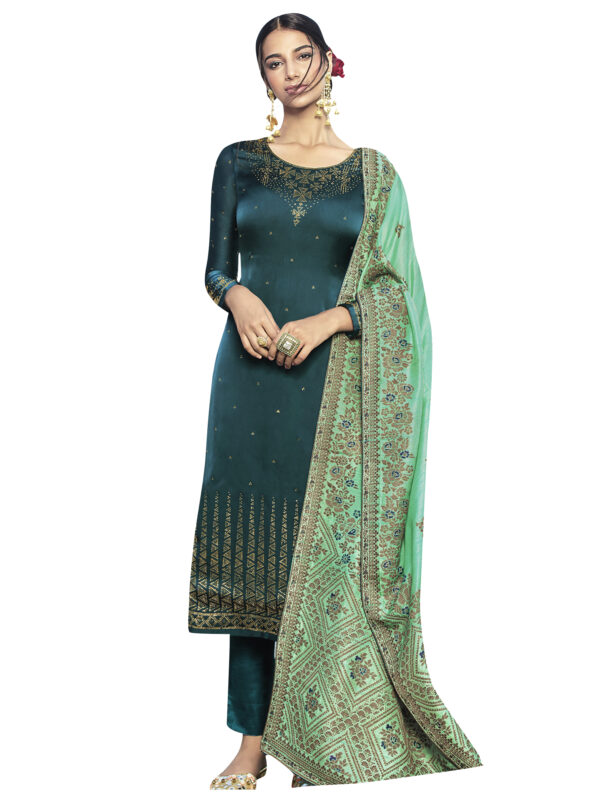 Stylee Lifestyle Blue Satin Embroidered Dress Material