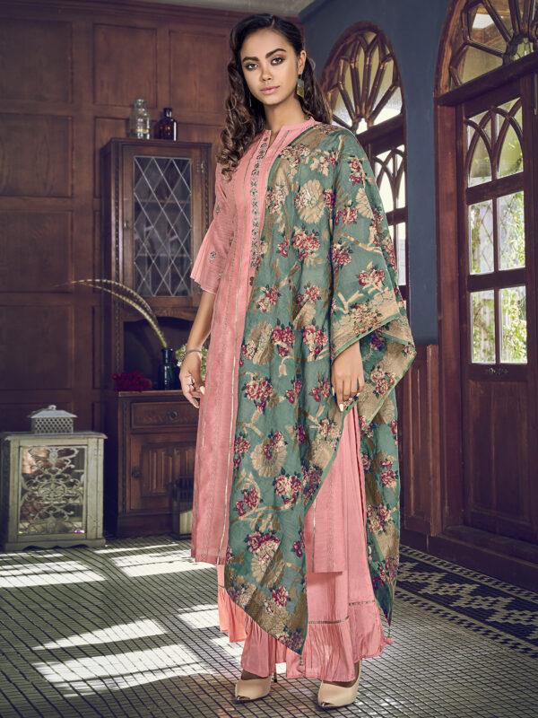 Stylee Lifestyle Peach Chanderi Silk Embroidered Dress Material