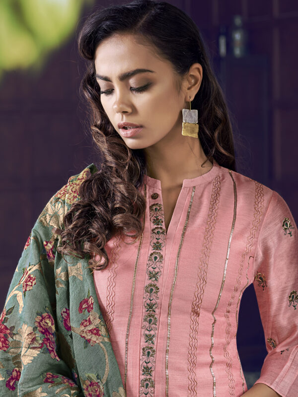 Stylee Lifestyle Peach Chanderi Silk Embroidered Dress Material