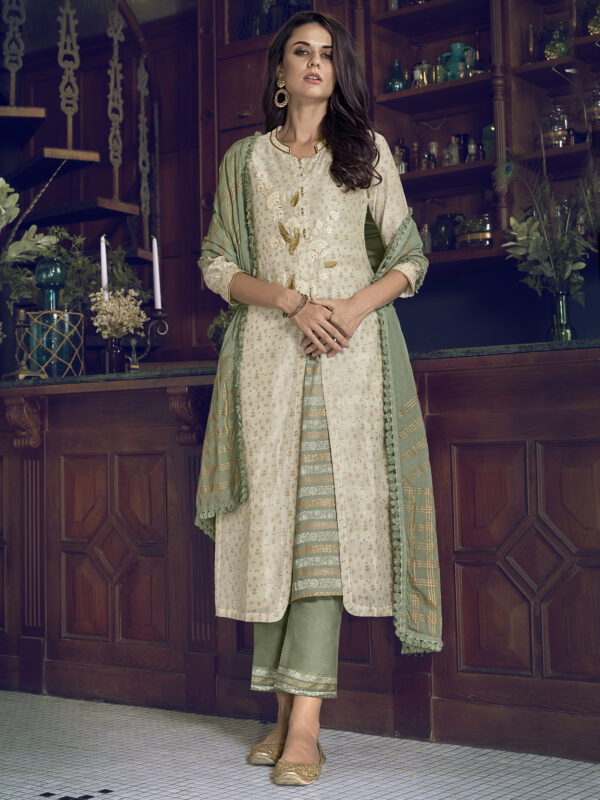 Stylee Lifestyle Off White Chanderi Silk Embroidered Dress Material