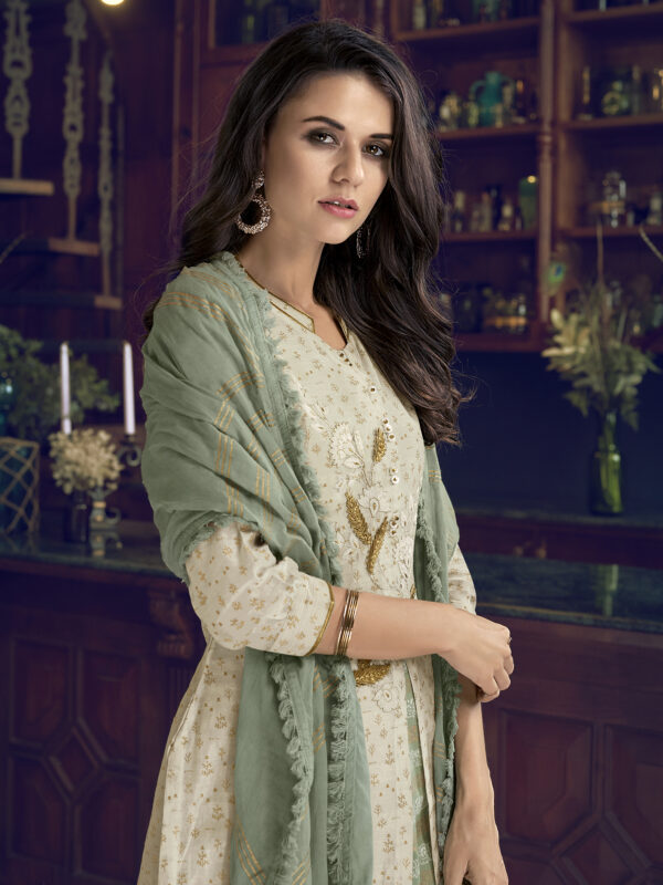 Stylee Lifestyle Off White Chanderi Silk Embroidered Dress Material