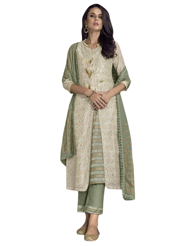 Stylee Lifestyle Off White Chanderi Silk Embroidered Dress Material