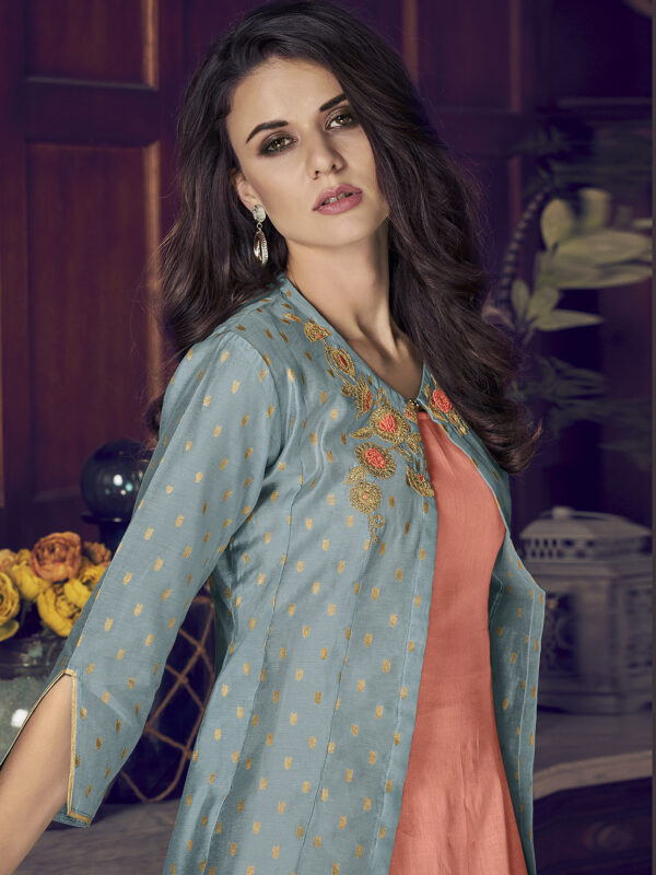 Stylee Lifestyle Turquoise Blue Chanderi Silk Embroidered Dress Material