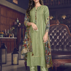 Stylee Lifestyle Green Chanderi Silk Embroidered Dress Material