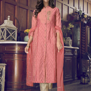 Stylee Lifestyle Peach Chanderi Silk Embroidered Dress Material