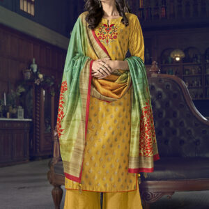 Stylee Lifestyle Yellow Chanderi Silk Embroidered Dress Material