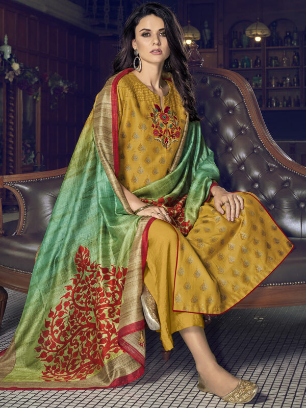 Stylee Lifestyle Yellow Chanderi Silk Embroidered Dress Material