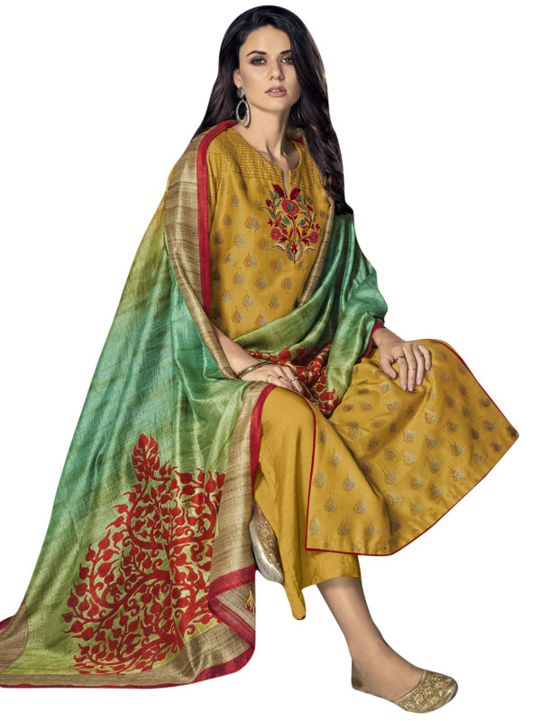 Stylee Lifestyle Yellow Chanderi Silk Embroidered Dress Material