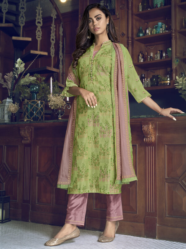 Stylee Lifestyle Green Chanderi Silk Embroidered Dress Material