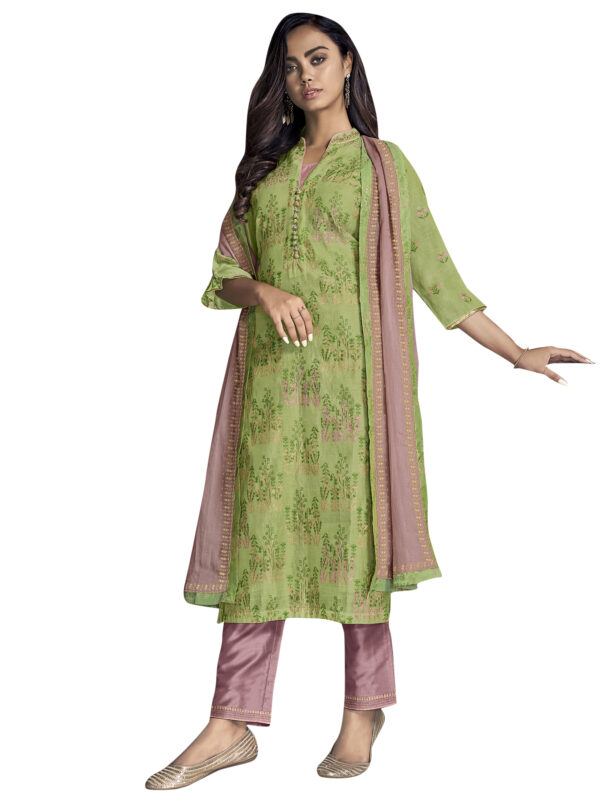 Stylee Lifestyle Green Chanderi Silk Embroidered Dress Material