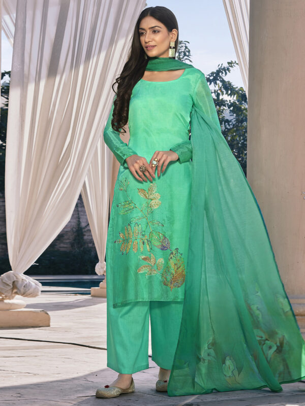 Stylee Lifestyle Green Satin Printed Dress Material