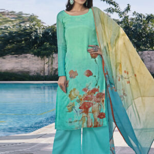 Stylee Lifestyle Turquoise Satin Printed Dress Material