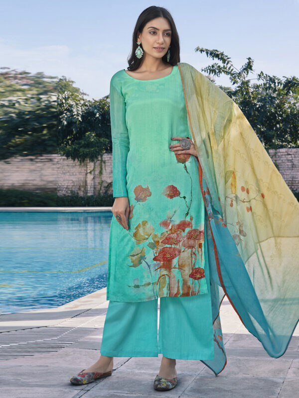 Stylee Lifestyle Turquoise Satin Printed Dress Material