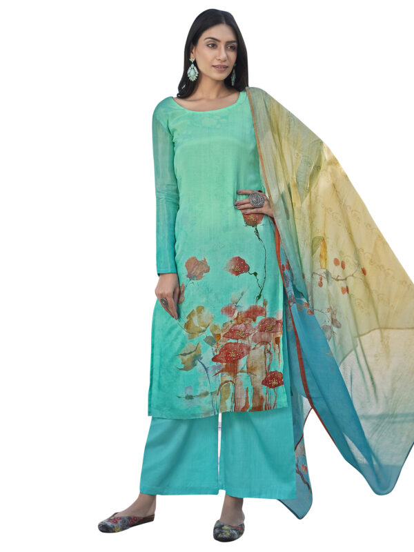 Stylee Lifestyle Turquoise Satin Printed Dress Material