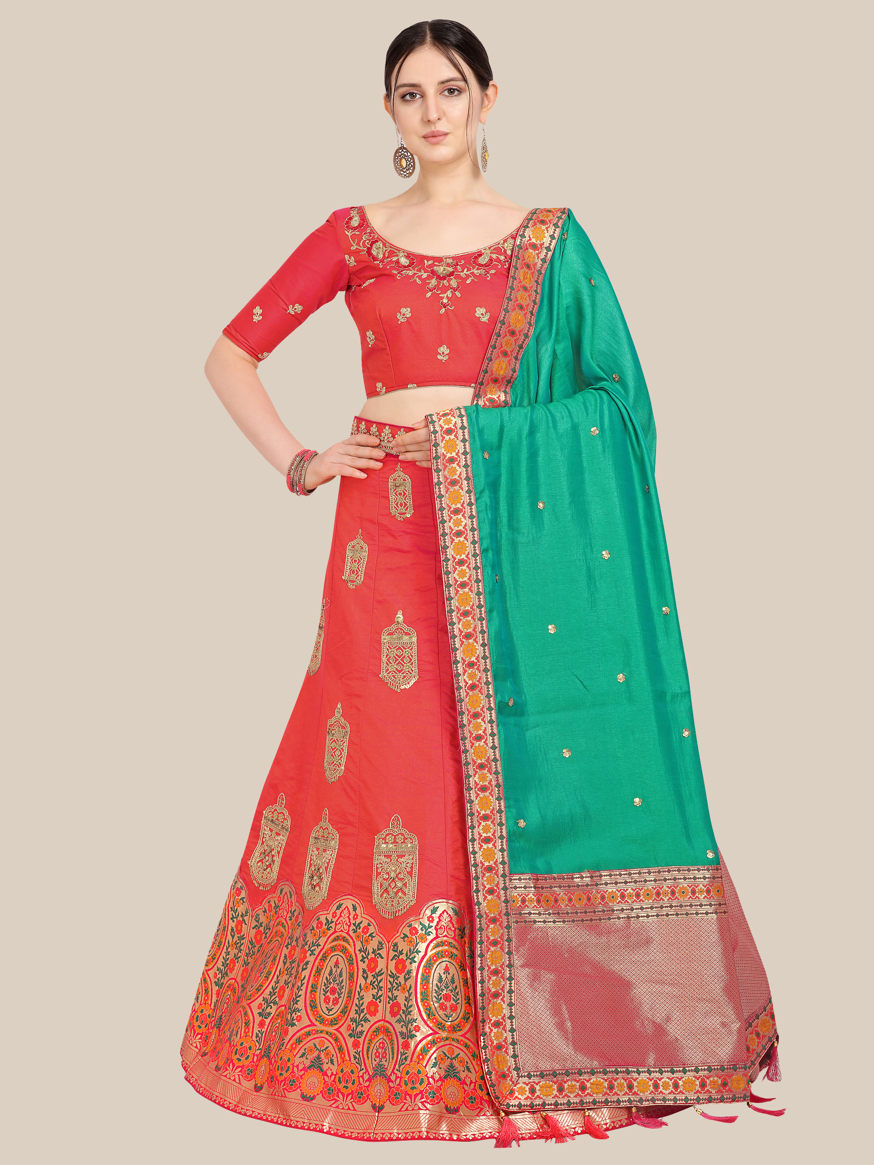 Red Art Silk Embroidered Lehenga Choli