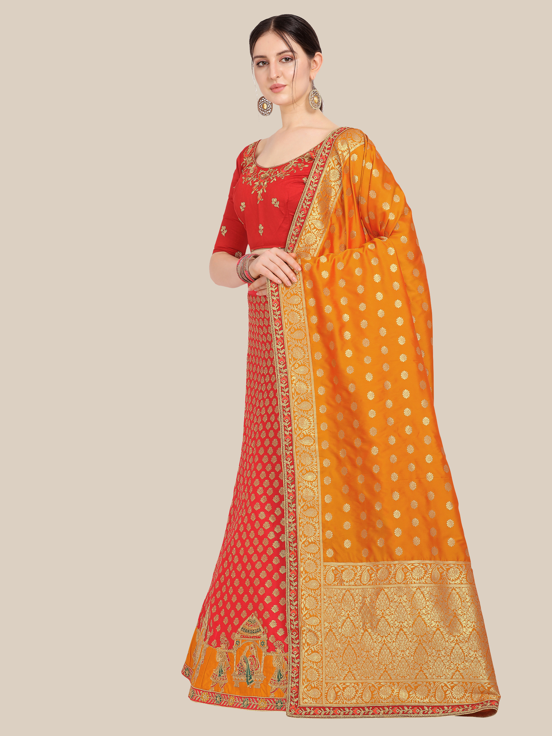 Red Banarasi Jacquard Embroidered Lehenga Choli