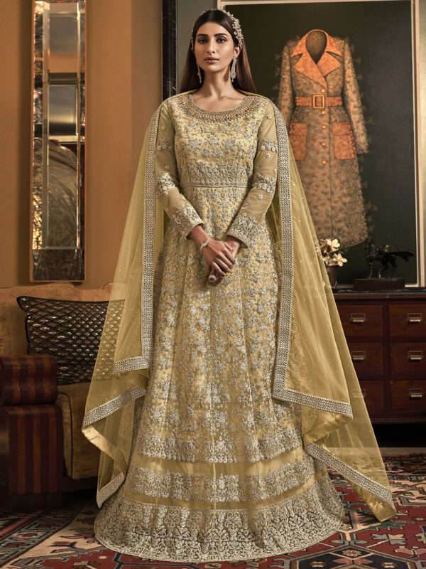 Stylee Lifestyle Yellow Net Embroidered Dress Material