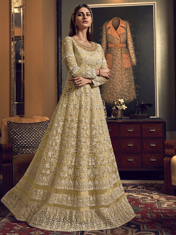 Stylee Lifestyle Yellow Net Embroidered Dress Material