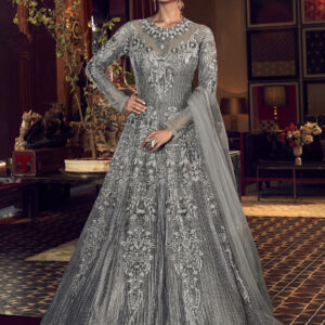 Stylee Lifestyle Grey Net Embroidered Dress Material