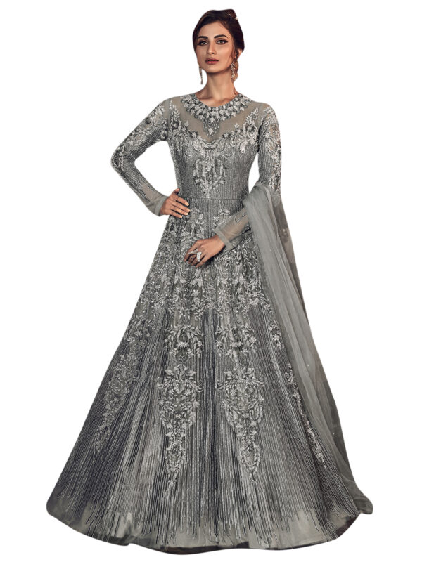 Stylee Lifestyle Grey Net Embroidered Dress Material