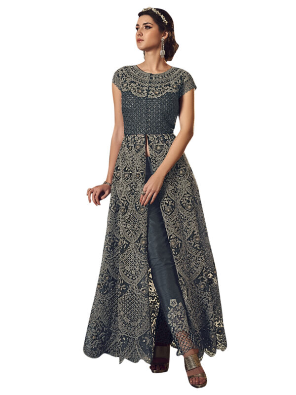 Stylee Lifestyle Grey Net Embroidered Dress Material