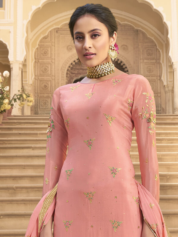 Stylee Lifestyle Peach Pure Chiffon Embroidered Dress Material