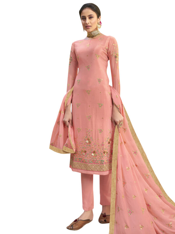 Stylee Lifestyle Peach Pure Chiffon Embroidered Dress Material