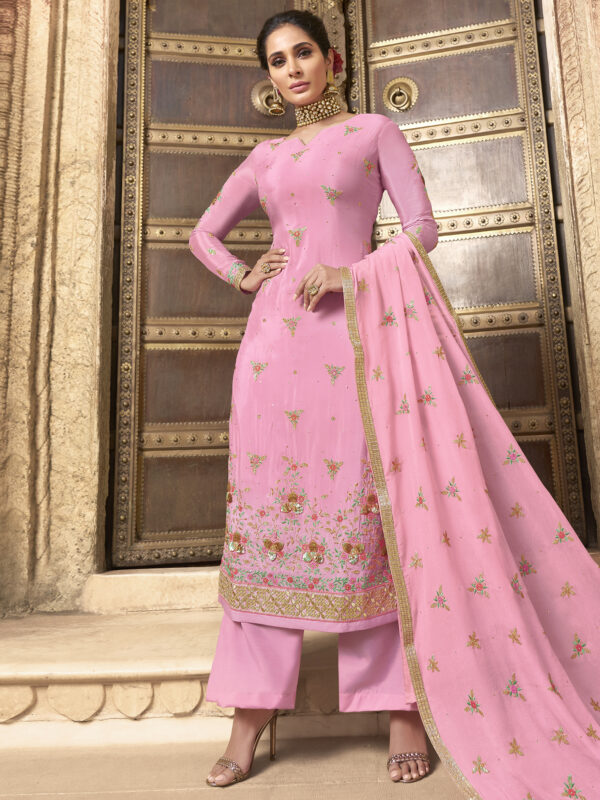 Stylee Lifestyle Pink Pure Chiffon Embroidered Dress Material