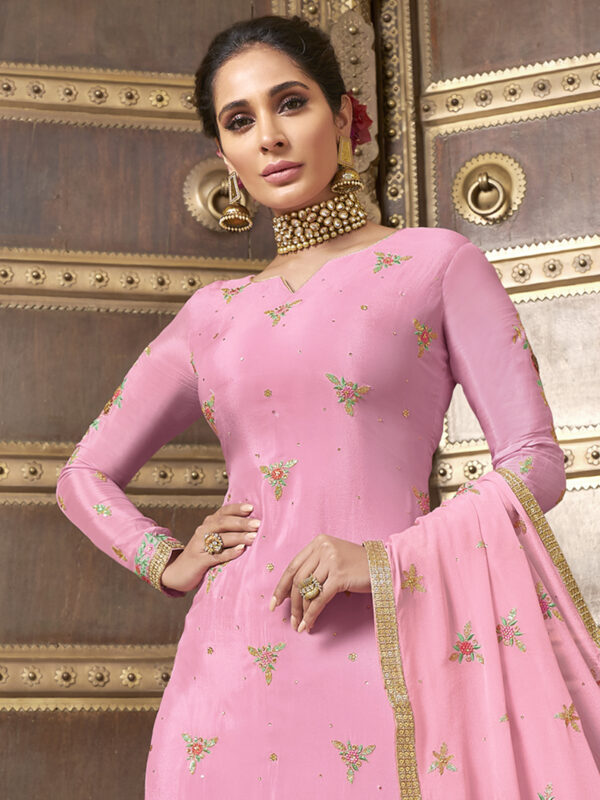 Stylee Lifestyle Pink Pure Chiffon Embroidered Dress Material