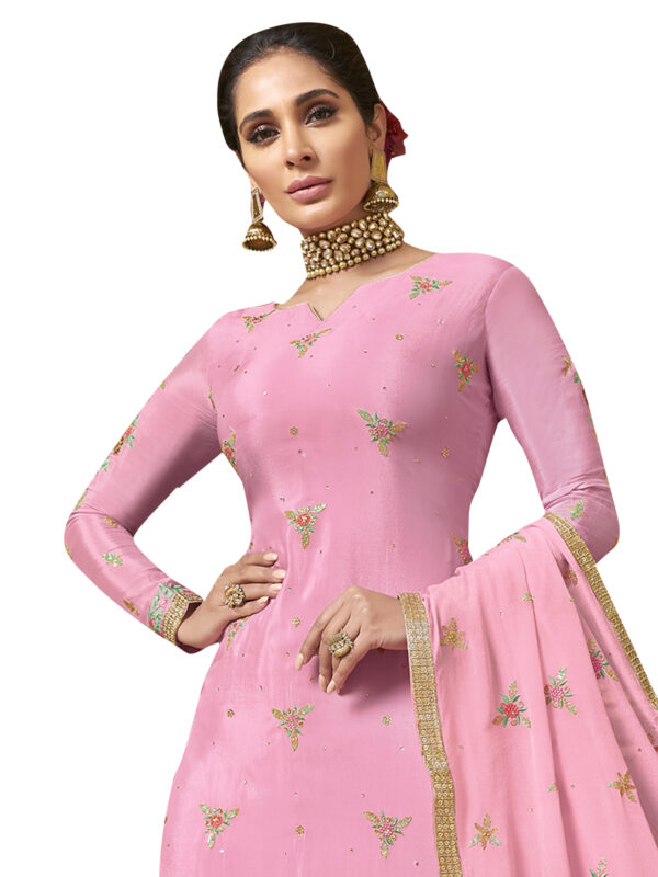 Stylee Lifestyle Pink Pure Chiffon Embroidered Dress Material