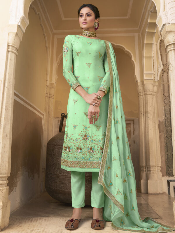 Stylee Lifestyle Green Pure Chiffon Embroidered Dress Material