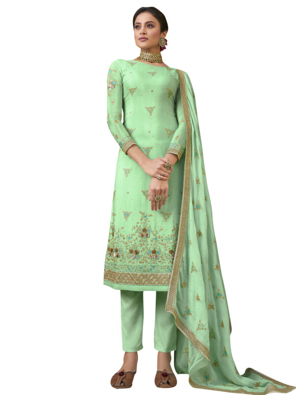 Stylee Lifestyle Green Pure Chiffon Embroidered Dress Material