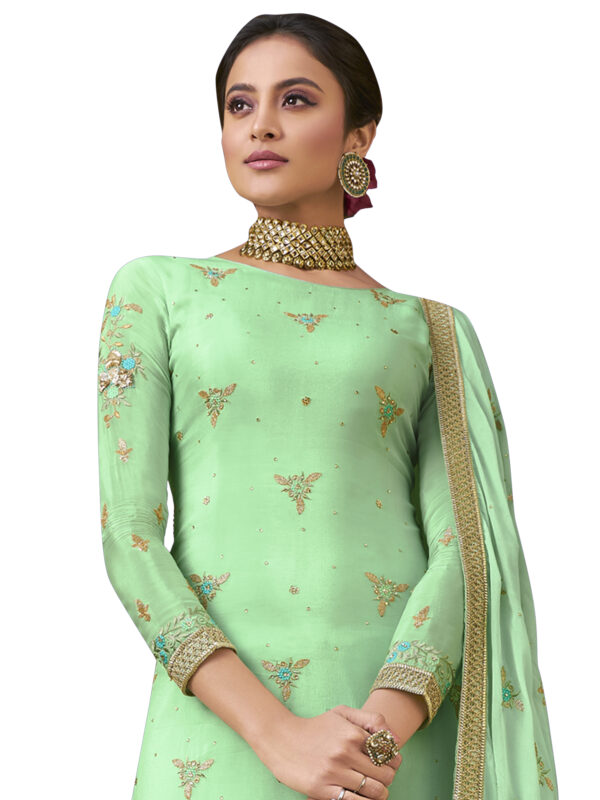 Stylee Lifestyle Green Pure Chiffon Embroidered Dress Material