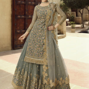 Stylee Lifestyle Grey Net Embroidered Dress Material