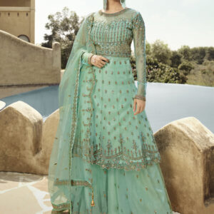 Stylee Lifestyle Teal Net Embroidered Dress Material