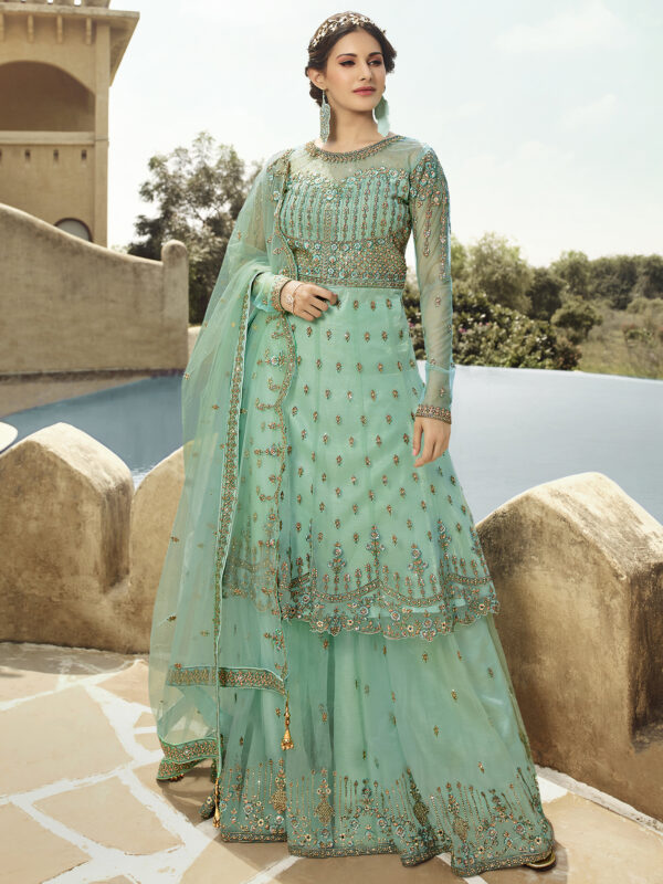 Stylee Lifestyle Teal Net Embroidered Dress Material