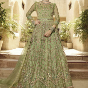 Stylee Lifestyle Green Net Embroidered Dress Material