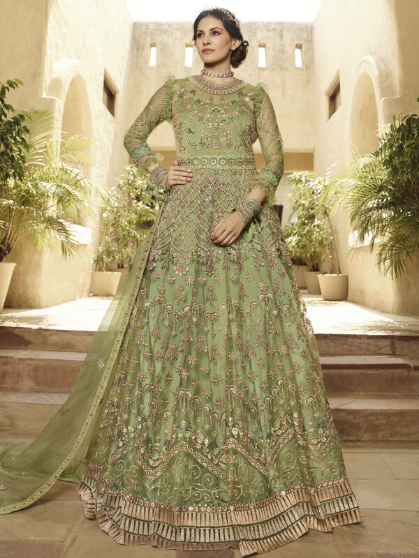 Stylee Lifestyle Green Net Embroidered Dress Material