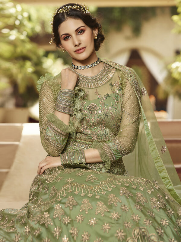 Stylee Lifestyle Green Net Embroidered Dress Material