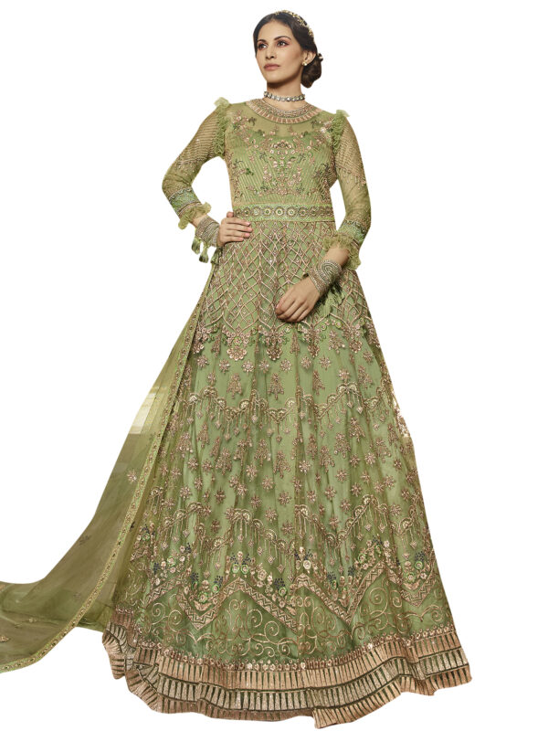 Stylee Lifestyle Green Net Embroidered Dress Material