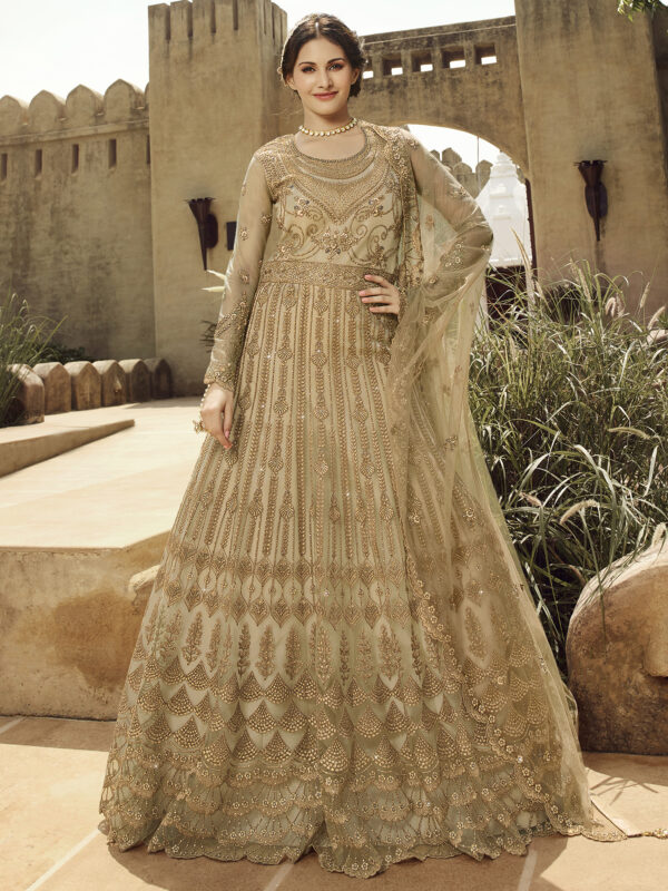 Stylee Lifestyle Beige Net Embroidered Dress Material