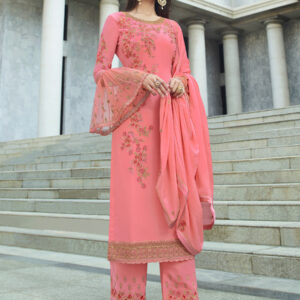 Stylee Lifestyle Pink Georgette Embroidered Dress Material