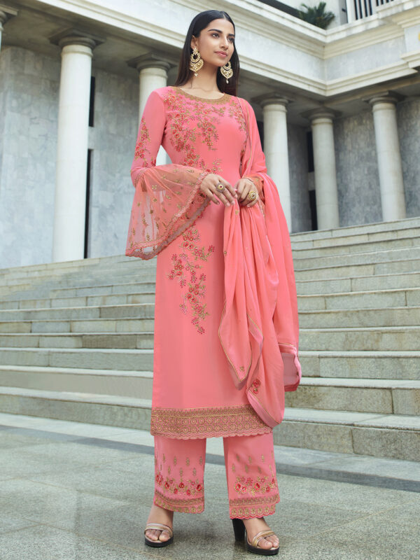 Stylee Lifestyle Pink Georgette Embroidered Dress Material